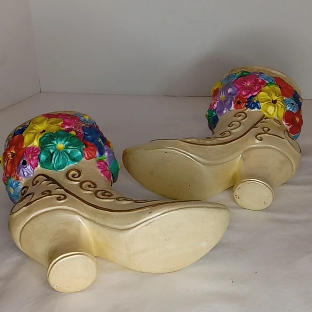 Vintage Pair Ceramic Colorful Floral Embellished Victorian Boot Shaped Vases